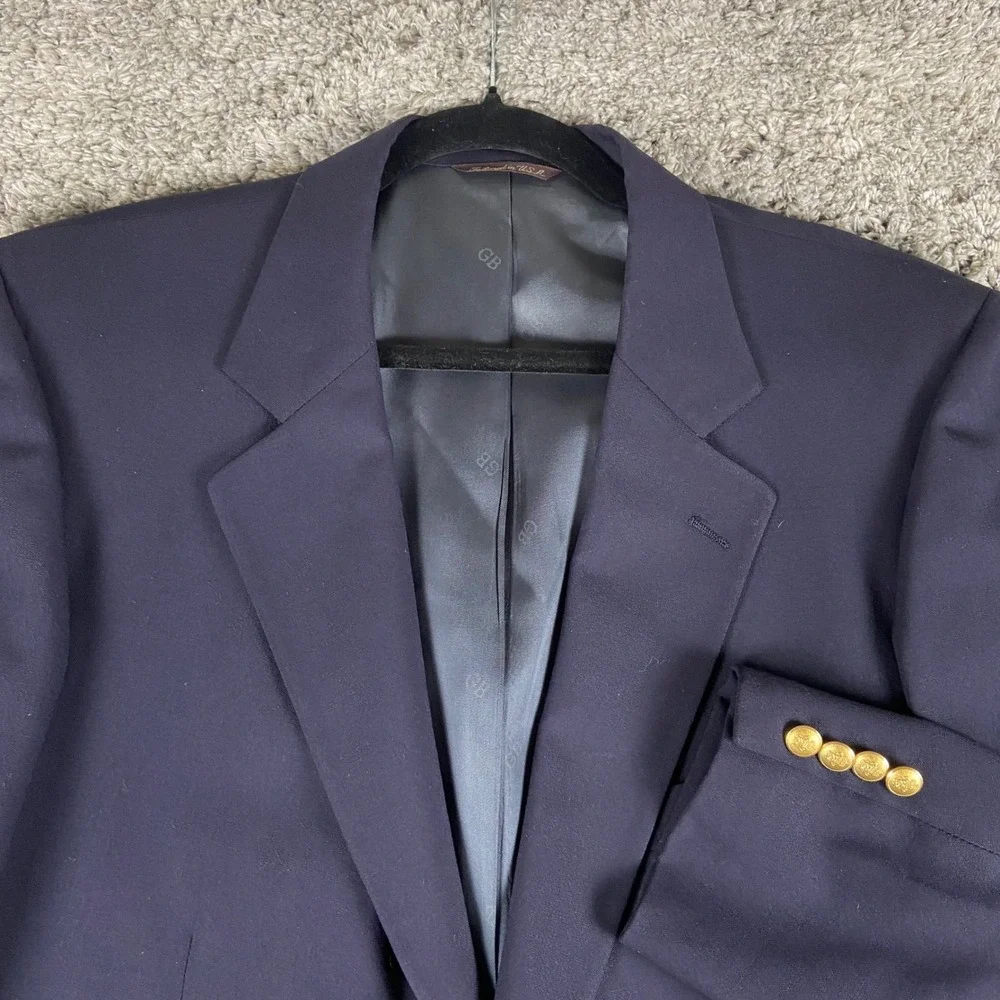 Geoffrey Beene Gold Button Blazer Men 46R Navy Blue Wool Tailored USA Sport Coat